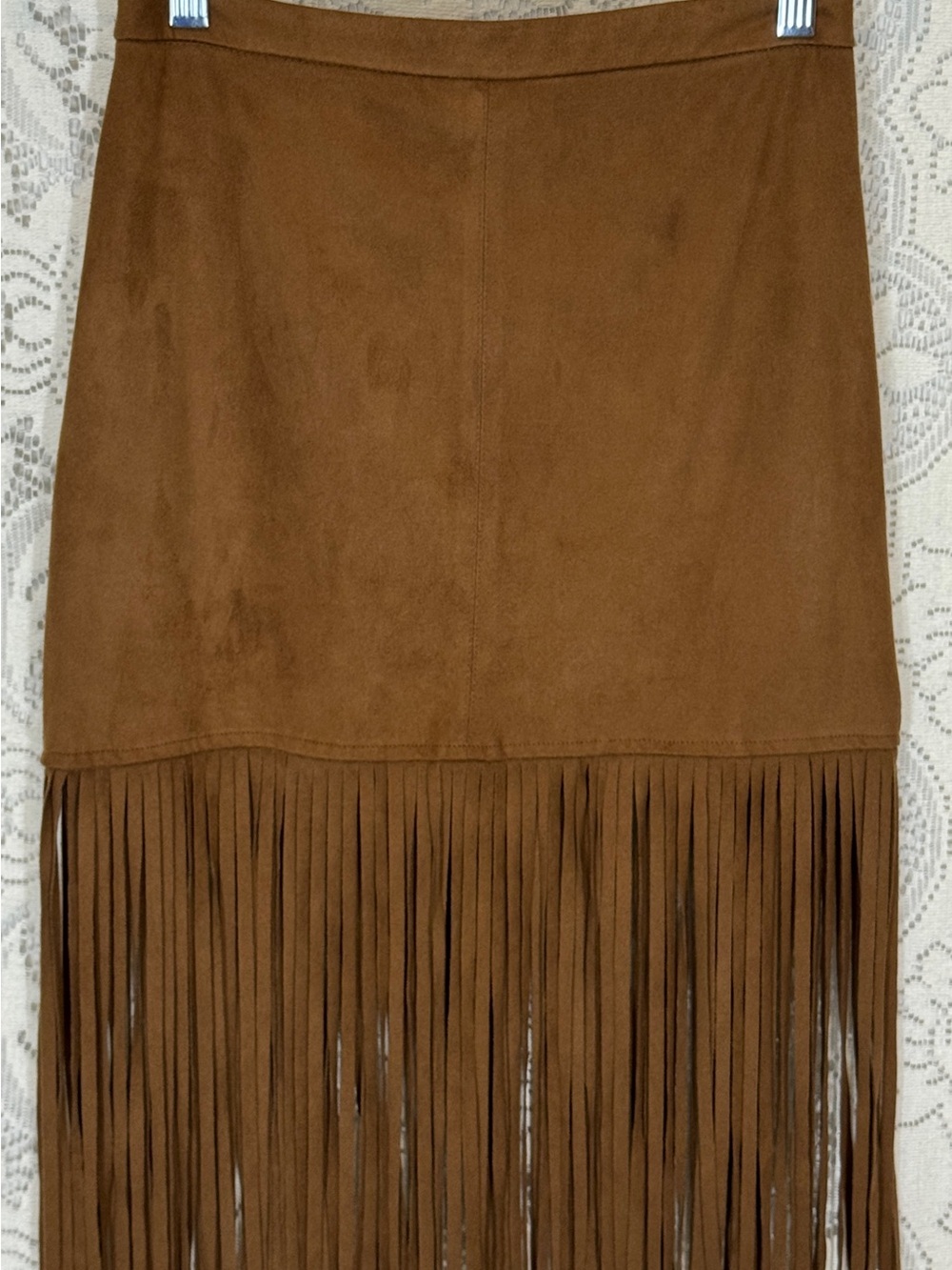 Forever 21 Suede-Look Brown Midi Skirt with Fringe Size S